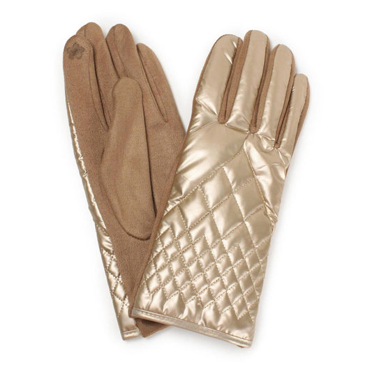 Faux Suede Gloves With Quilted Metallic Detail-Gold