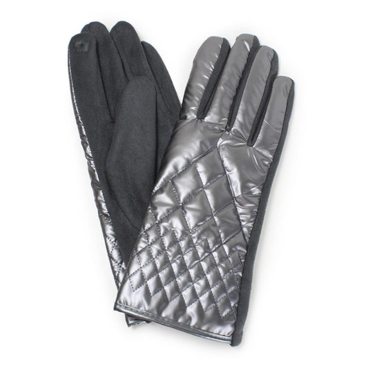 Faux Suede Gloves With Quilted Metallic Detail-Silver