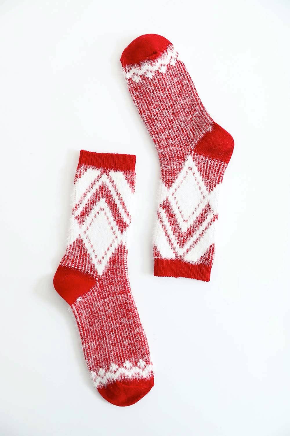 Red diamond pattern faux mohair  socks on a white background