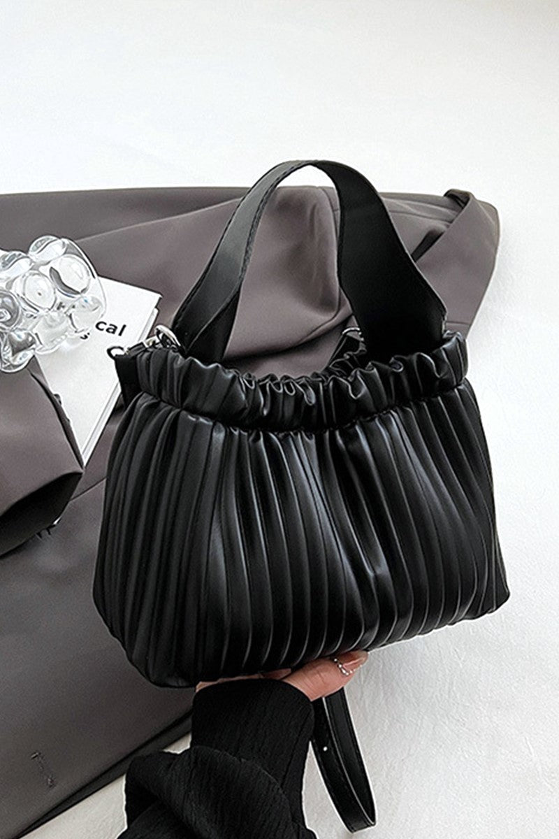 Flocke Crossbody Shoulder Pleated Bucket Bag-Black