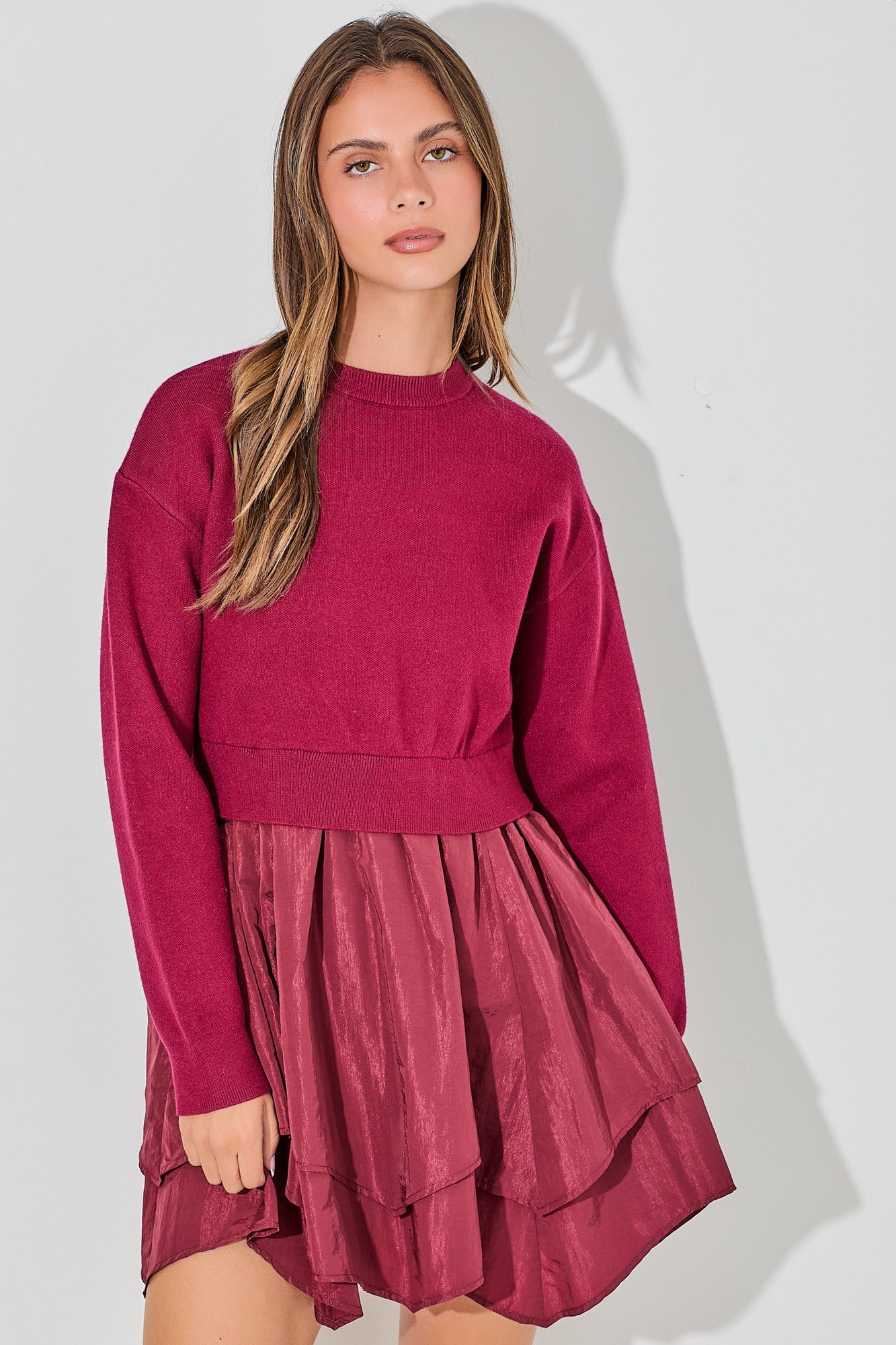 Sweater Dress with Satin Tiered Skirt-Burgundy