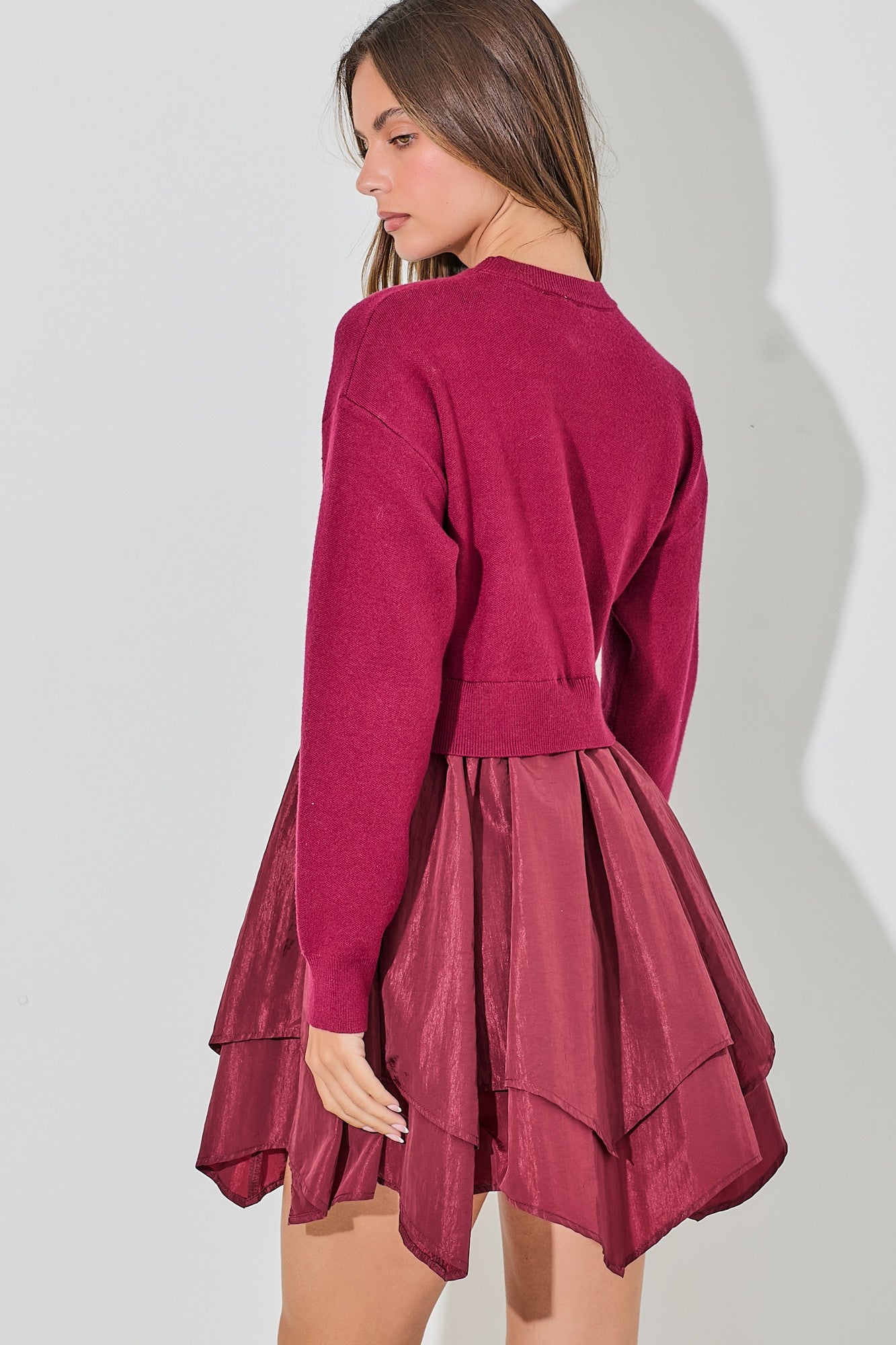 Sweater Dress with Satin Tiered Skirt-Burgundy