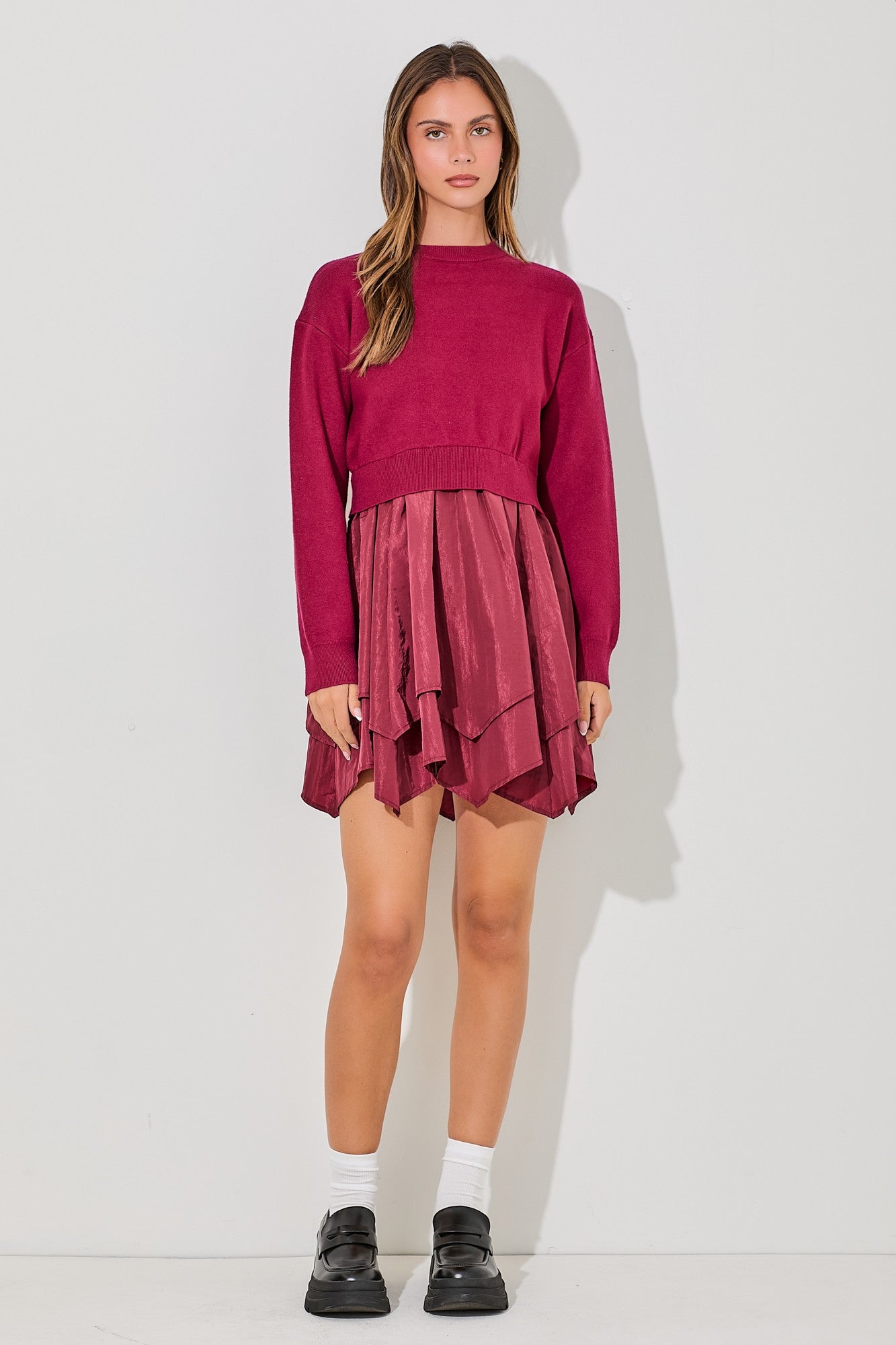 Sweater Dress with Satin Tiered Skirt-Burgundy