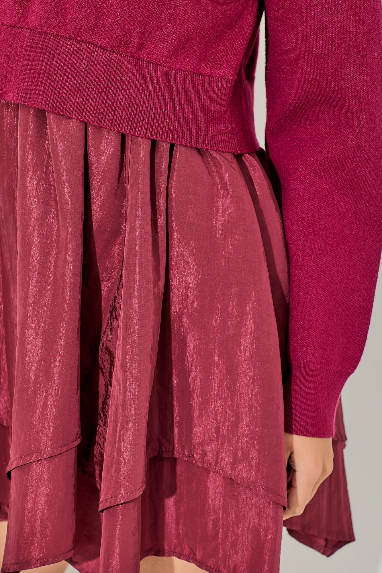 Sweater Dress with Satin Tiered Skirt-Burgundy