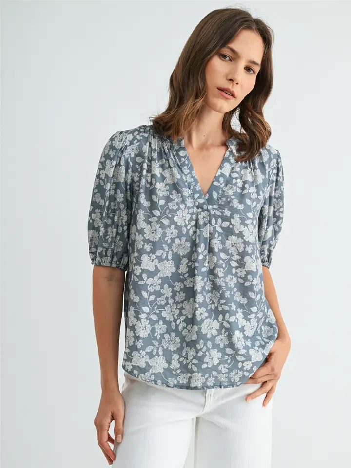 Flora V Neck Smocking Detail Floral Blouse-Blue Cream Flowy