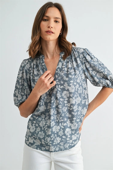 Flora V Neck Smocking Detail Floral Blouse-Blue Cream Flowy