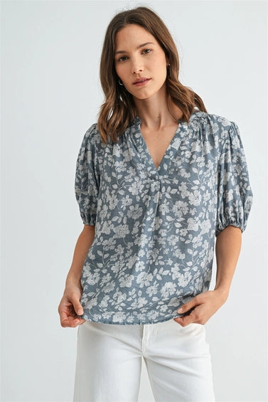 Flora V Neck Smocking Detail Floral Blouse-Blue Cream Flowy