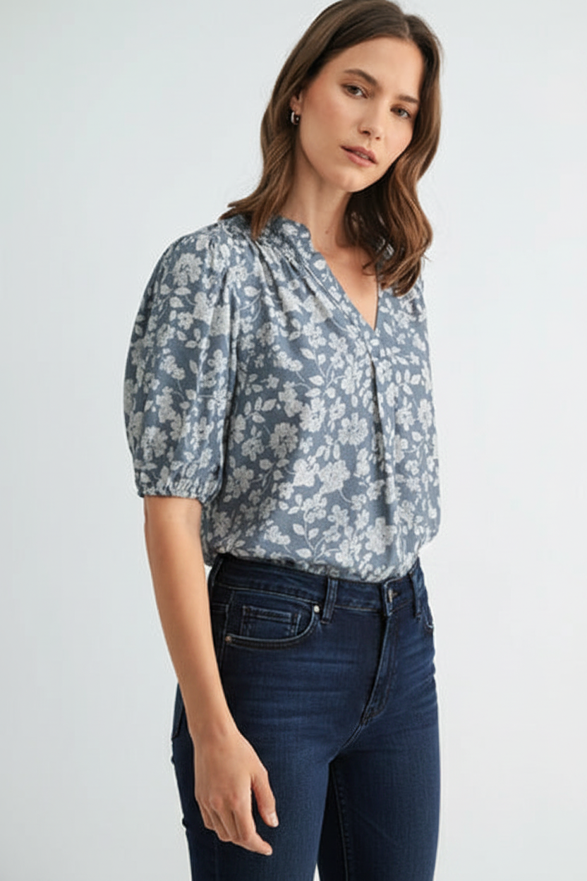 Flora V Neck Smocking Detail Floral Blouse-Blue Cream Flowy