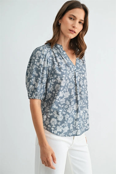 Flora V Neck Smocking Detail Floral Blouse-Blue Cream Flowy