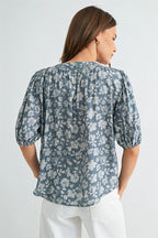 Flora V Neck Smocking Detail Floral Blouse-Blue Cream Flowy