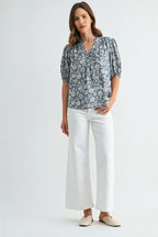 Flora V Neck Smocking Detail Floral Blouse-Blue Cream Flowy