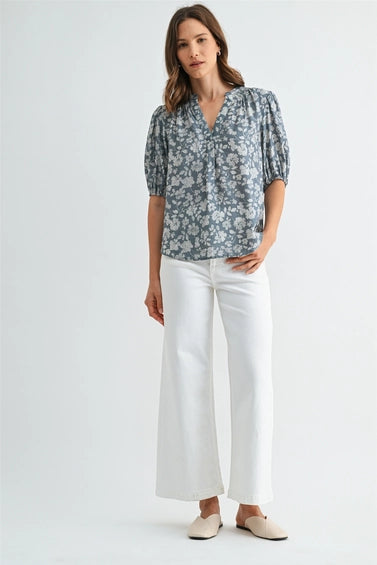 Flora V Neck Smocking Detail Floral Blouse-Blue Cream Flowy
