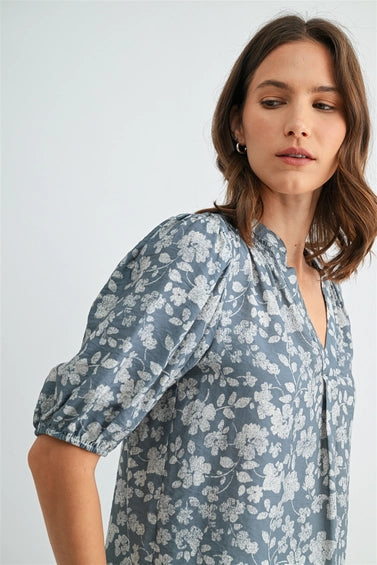 Flora V Neck Smocking Detail Floral Blouse-Blue Cream Flowy