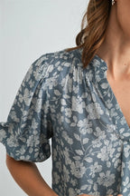 Flora V Neck Smocking Detail Floral Blouse-Blue Cream Flowy