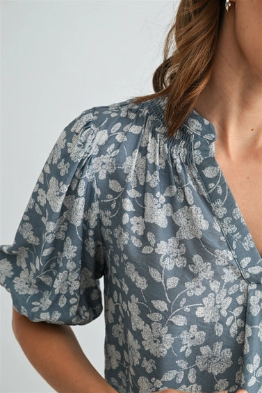 Flora V Neck Smocking Detail Floral Blouse-Blue Cream Flowy