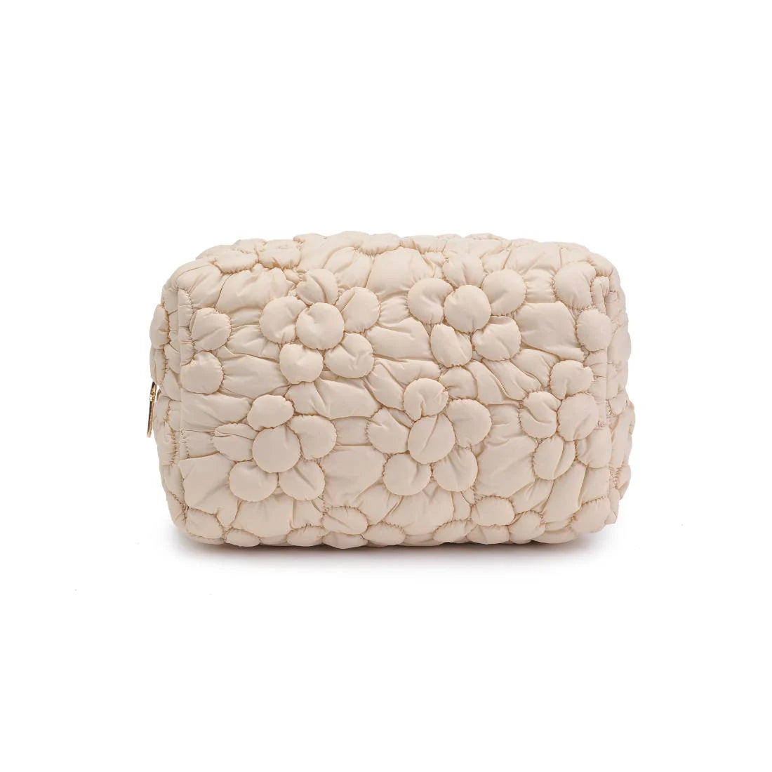 Cream-colored quilted floral design cosmetic bag with a gold zipper on a white background