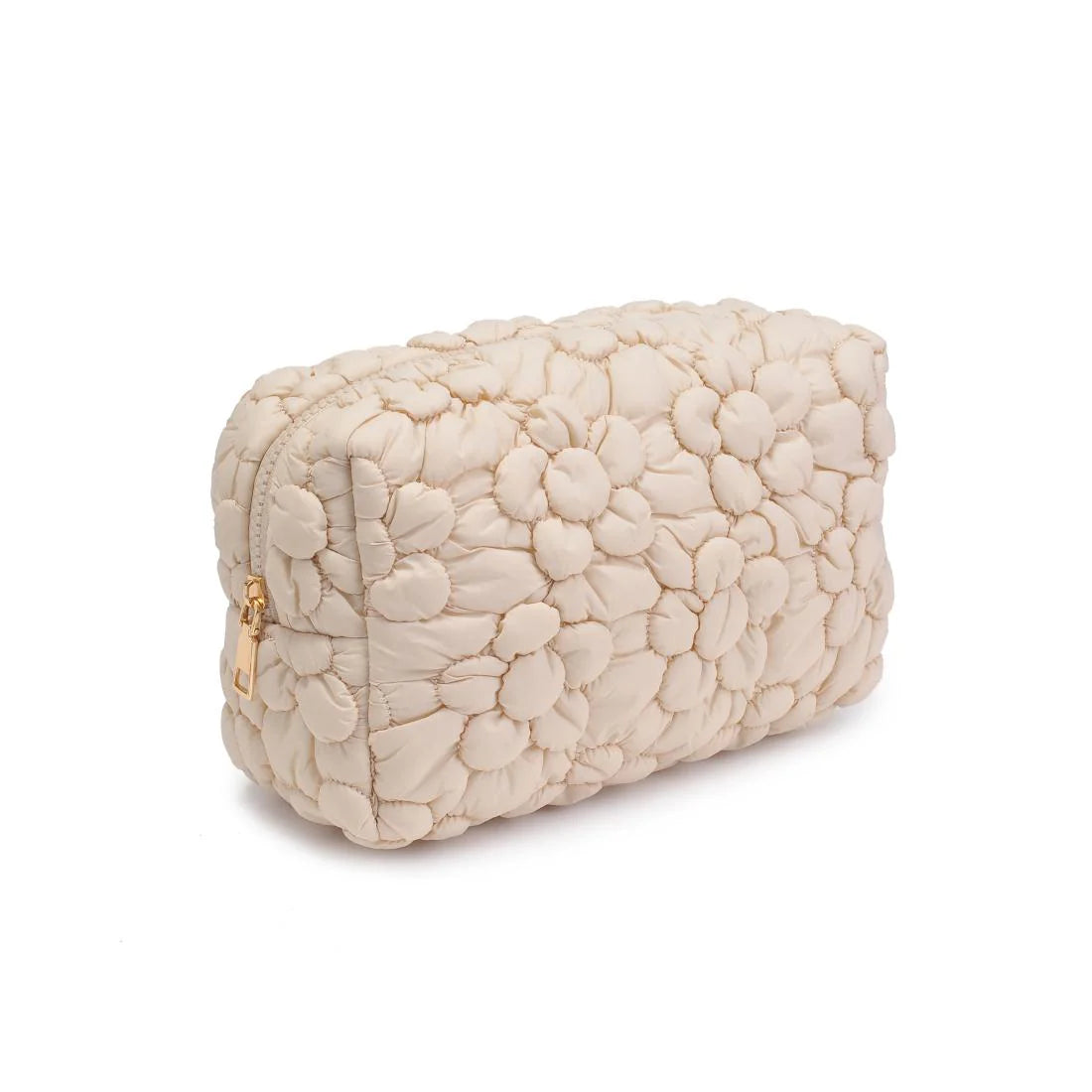 Cream-colored quilted floral design cosmetic bag with a gold zipper on a white background