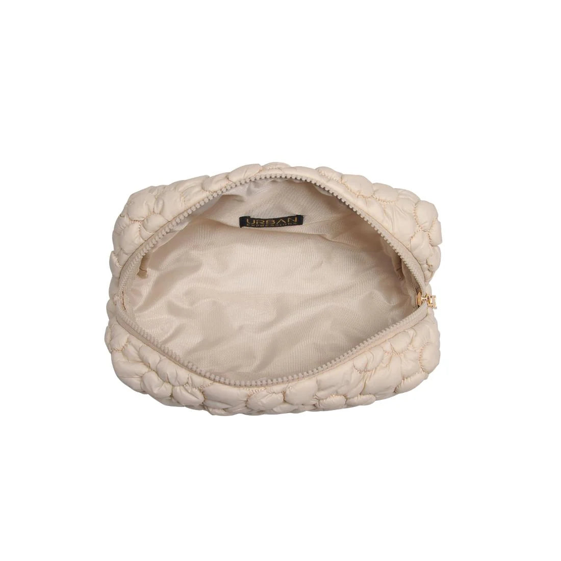 Open cream quilted pouch with lining on a white background