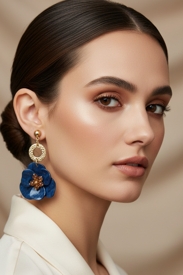 Woman wearing a blue floral earring against a beige background