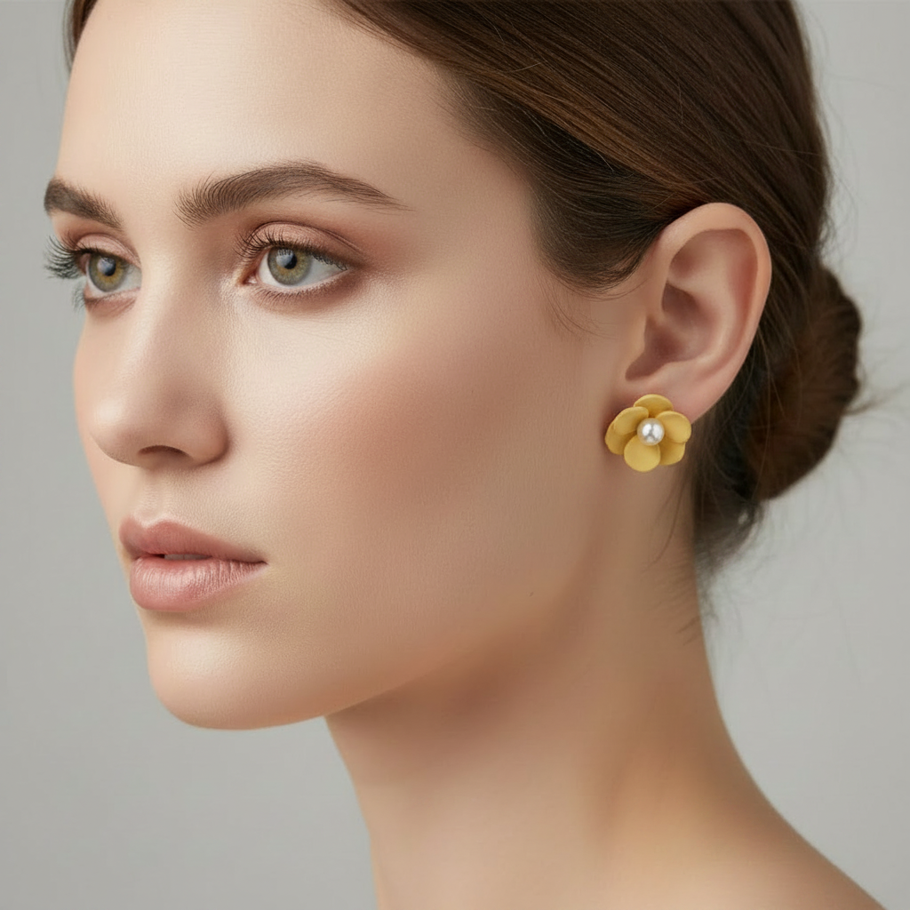 Close-up of a woman wearing yellow earrings with a gray background