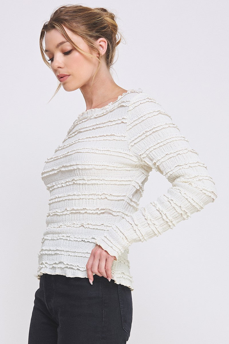 Long Sleeve Layered Ruffle Lace Top-Cream