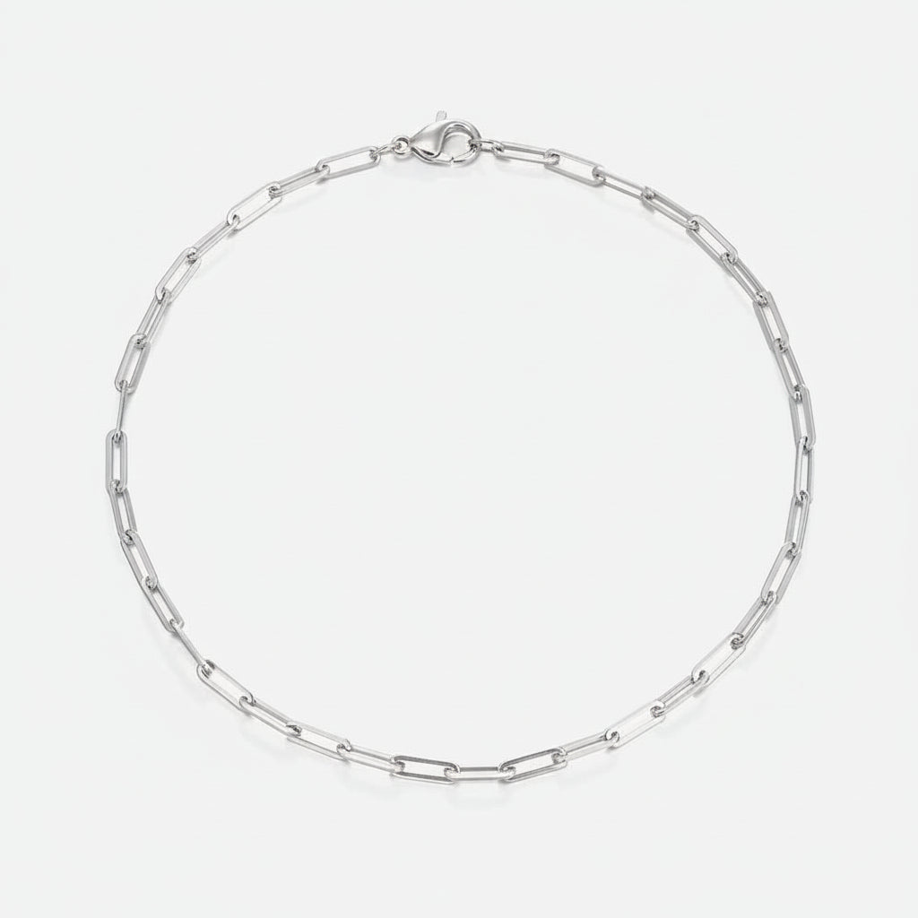 Silver stainless steel classic paper clip necklace with measurements and material details on a white background
