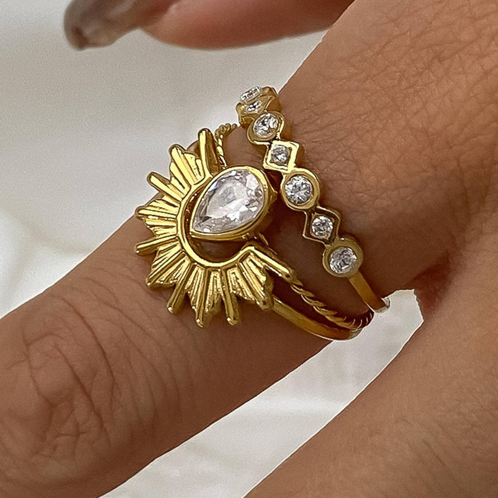 18K Gold Non-Tarnish Sun Stone CZ Layered Ring