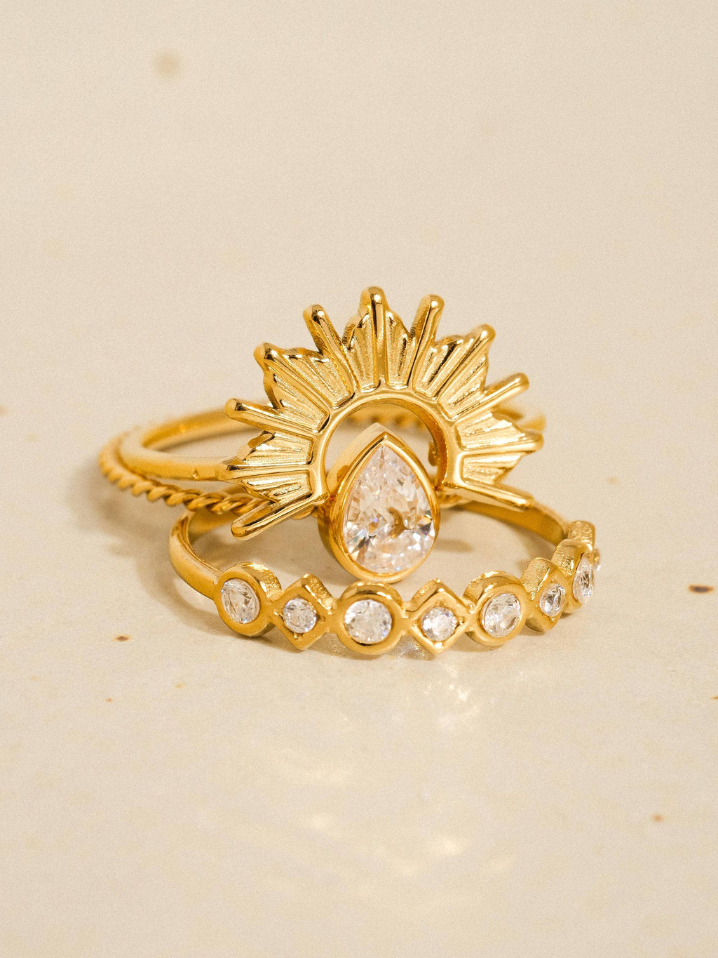 18K Gold Non-Tarnish Sun Stone CZ Layered Ring