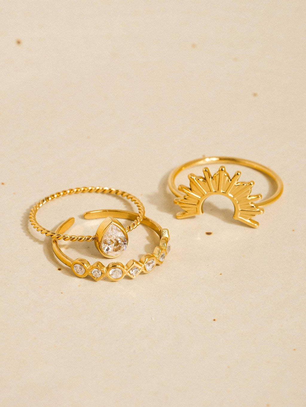 18K Gold Non-Tarnish Sun Stone CZ Layered Ring