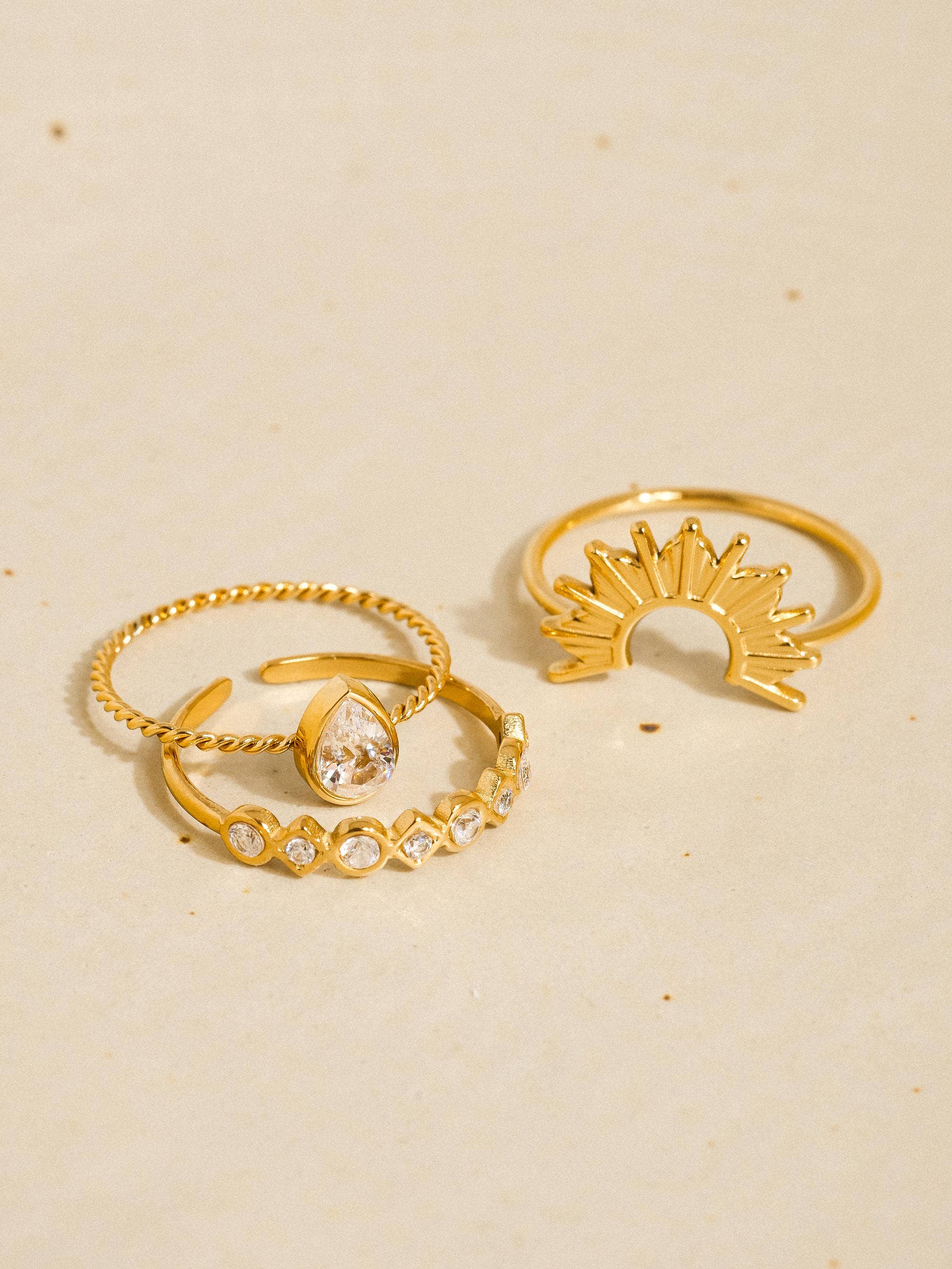 18K Gold Non-Tarnish Sun Stone CZ Layered Ring