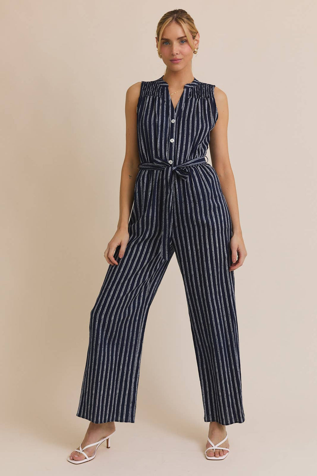 Striped Sleeveless Jumpsuit-Navy
