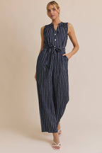Striped Sleeveless Jumpsuit-Navy