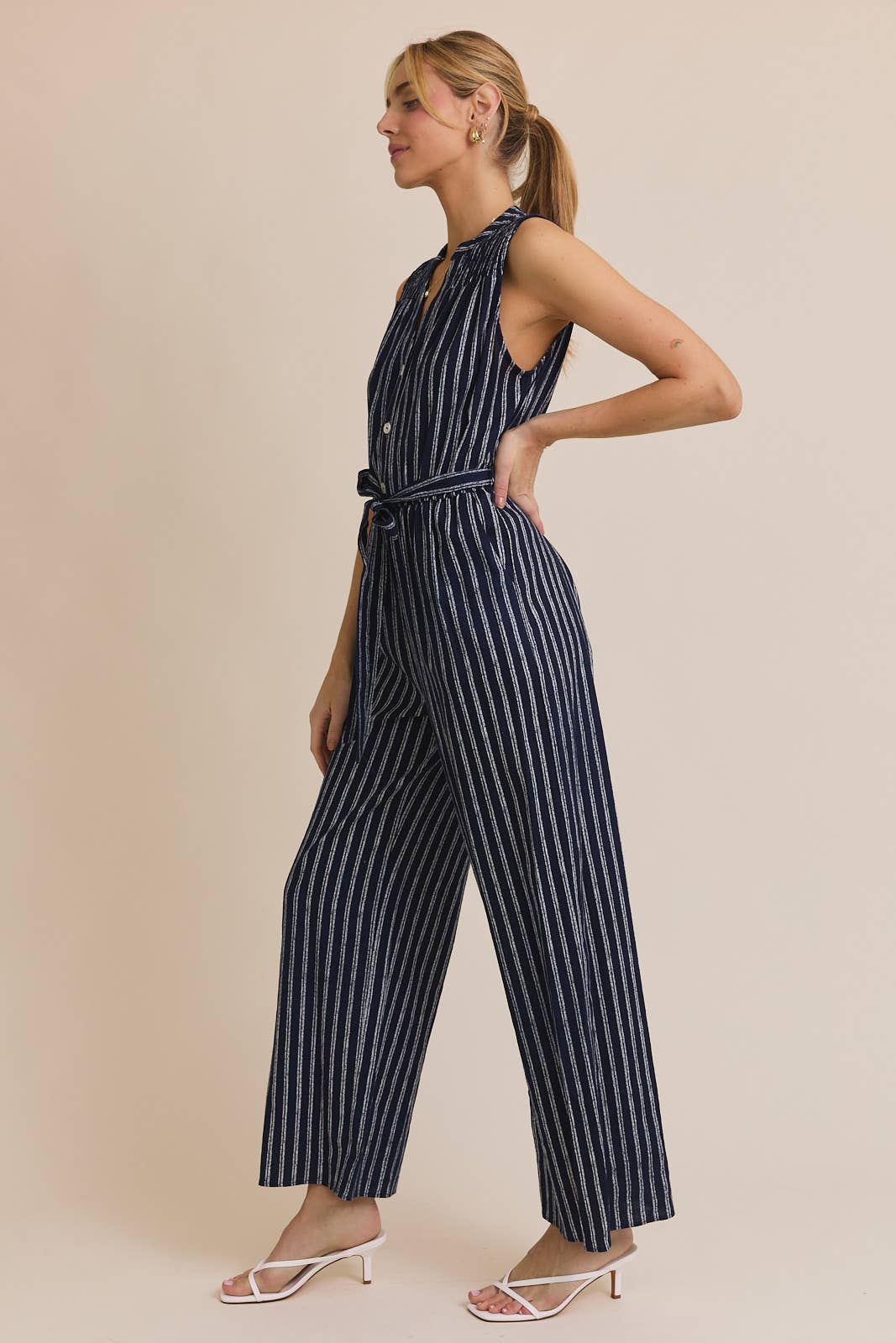 Striped Sleeveless Jumpsuit-Navy