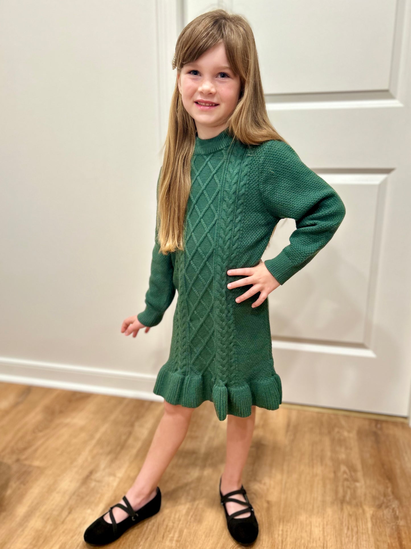 Evergreen Cable Knit Ruffled Sweater Dress-Dark Green