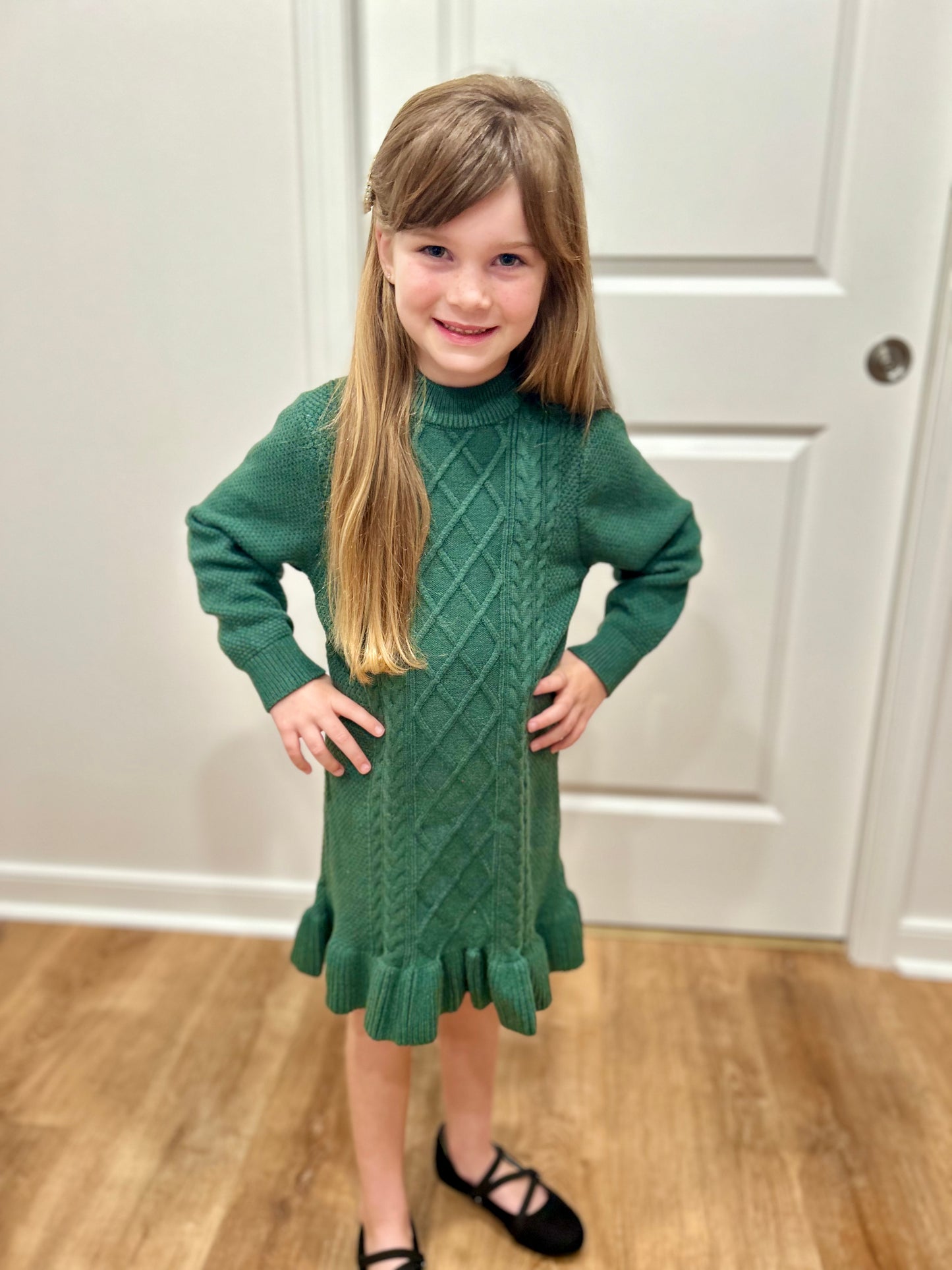 Evergreen Cable Knit Ruffled Sweater Dress-Dark Green