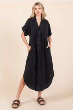 Mineral Washed Gauze Midi Dress-Charcoal