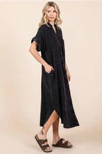 Mineral Washed Gauze Midi Dress-Charcoal