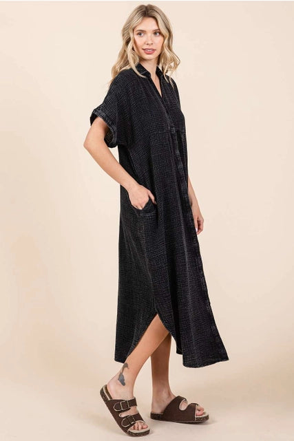 Mineral Washed Gauze Midi Dress-Charcoal