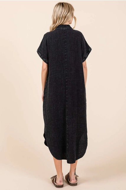 Mineral Washed Gauze Midi Dress-Charcoal