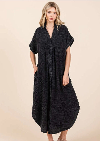 Mineral Washed Gauze Midi Dress-Charcoal
