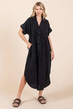 Mineral Washed Gauze Midi Dress-Charcoal