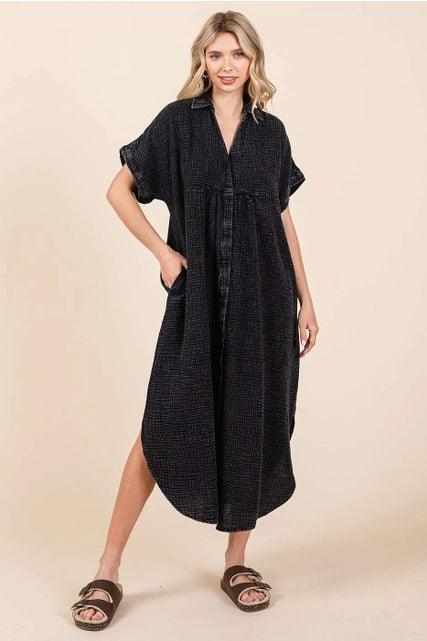 Mineral Washed Gauze Midi Dress-Charcoal
