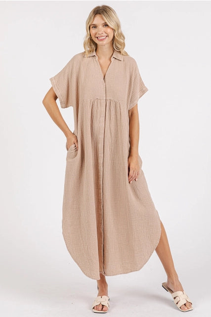 Mineral Washed Gauze Midi Dress-Natural