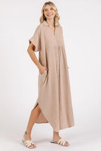 Mineral Washed Gauze Midi Dress-Natural