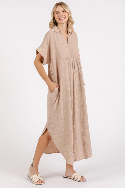 Mineral Washed Gauze Midi Dress-Natural