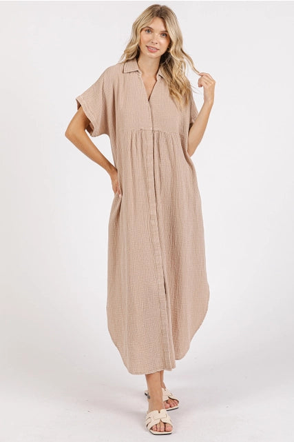 Mineral Washed Gauze Midi Dress-Natural