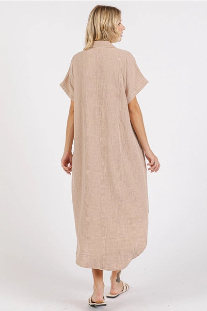 Mineral Washed Gauze Midi Dress-Natural