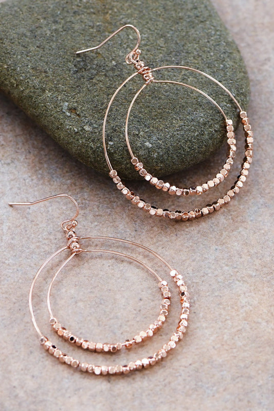 Beaded Double Circle Drop Earrings-Gold