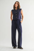 Striped Tie Front Pants-Navy White
