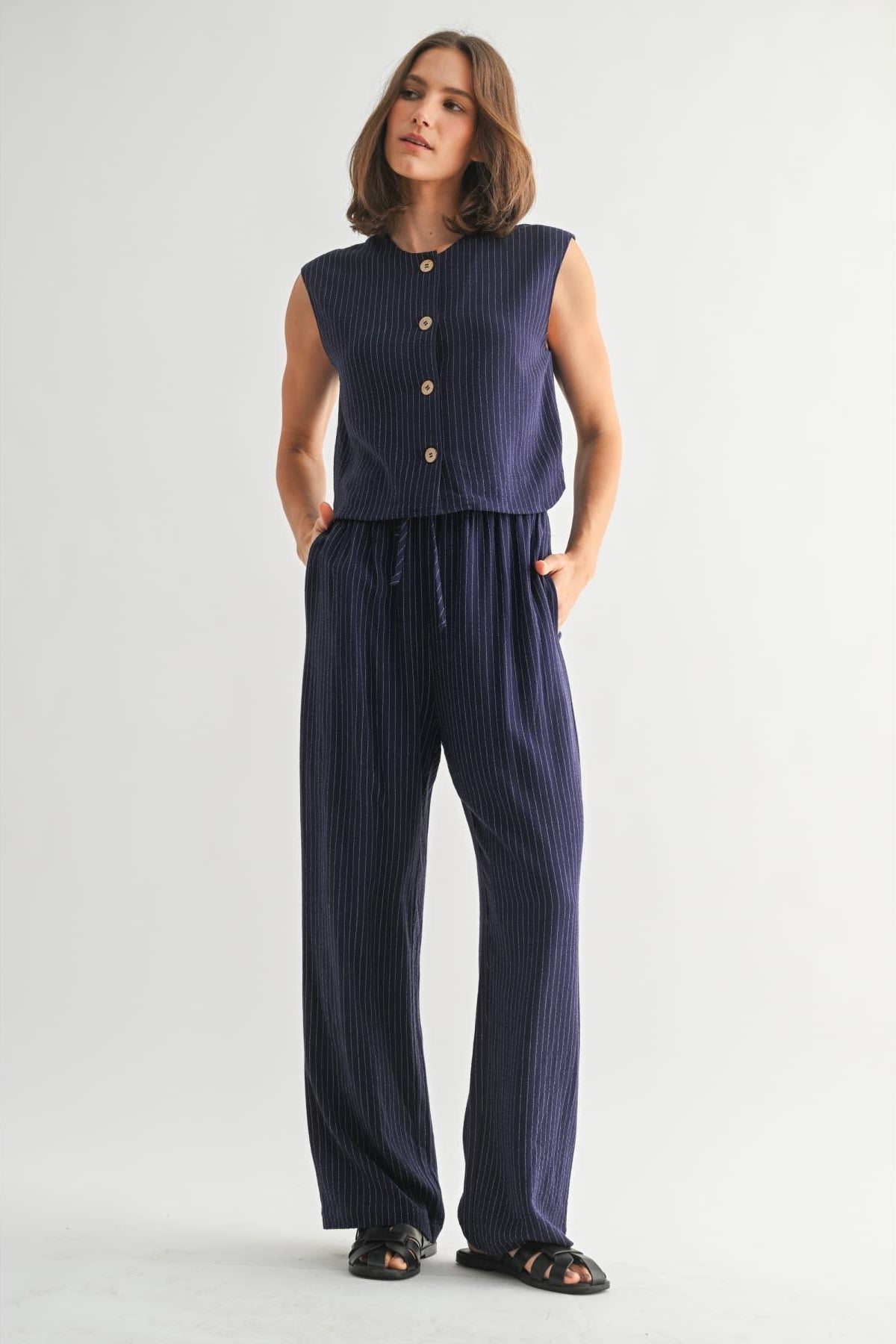 Striped Tie Front Pants-Navy White
